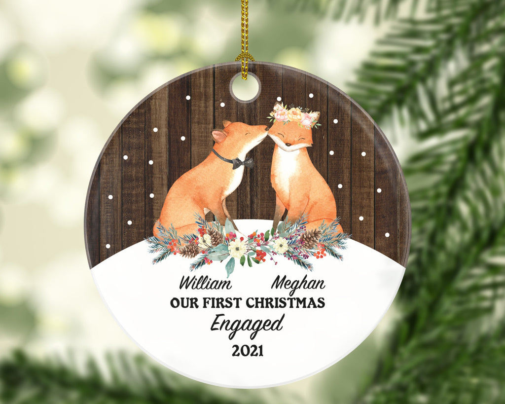 Engaged Couple Christmas Ornament - Engagement Personalized Gift Rustic Farmhouse Woodgrain Love Fox Decor Newly Just Engaged Xmas Custom