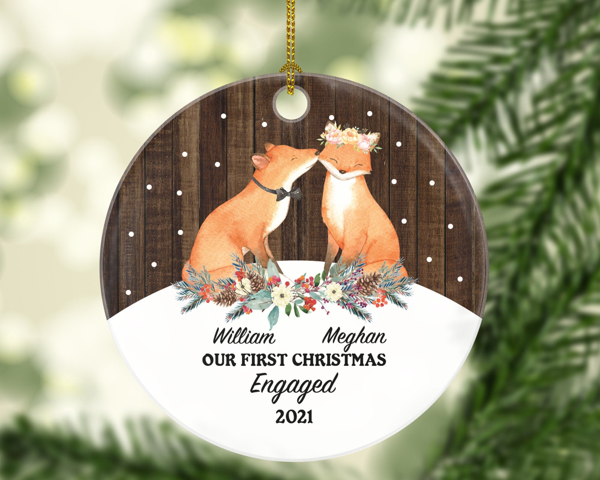 Engaged Couple Christmas Ornament - Engagement Personalized Gift Rustic Farmhouse Woodgrain Love Fox Decor Newly Just Engaged Xmas Custom