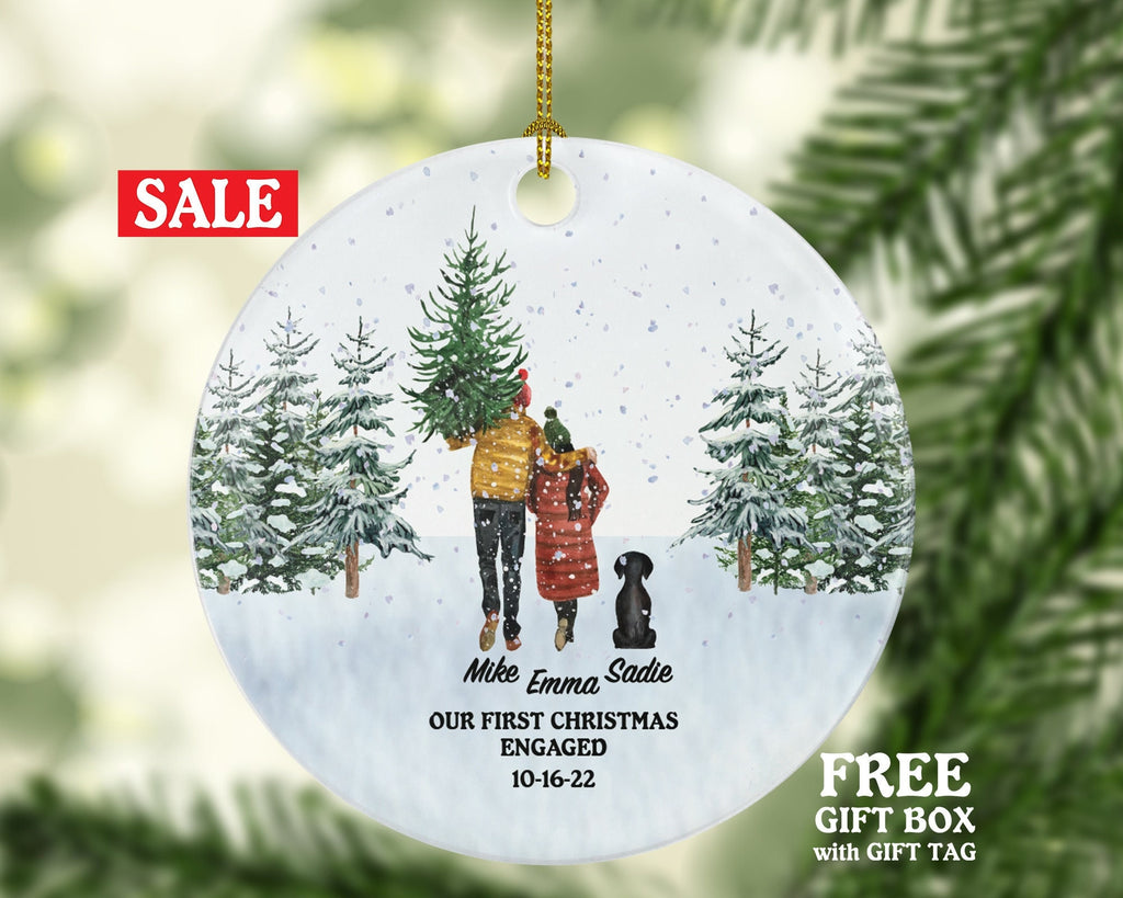 Engaged Couple and Pet Dog Cat Owner Personalized Christmas Ornament First Engagement Announcement Custom Lover Gift Fur Holiday Rescue