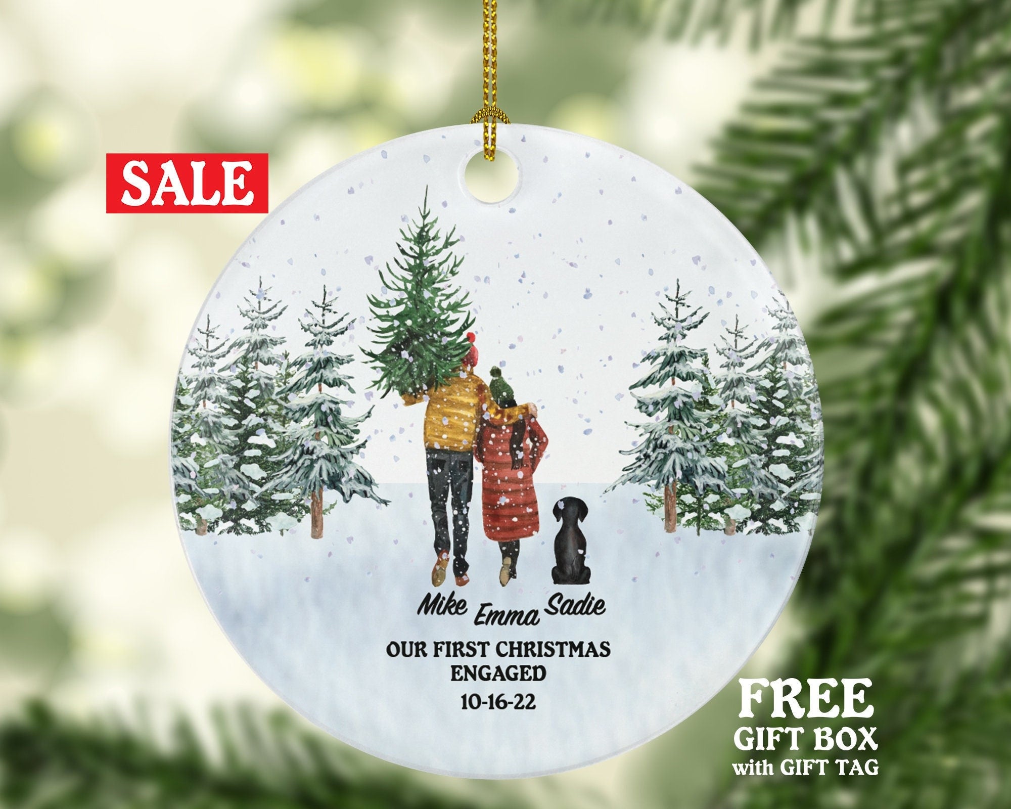 Engaged Couple and Pet Dog Cat Owner Personalized Christmas Ornament First Engagement Announcement Custom Lover Gift Fur Holiday Rescue