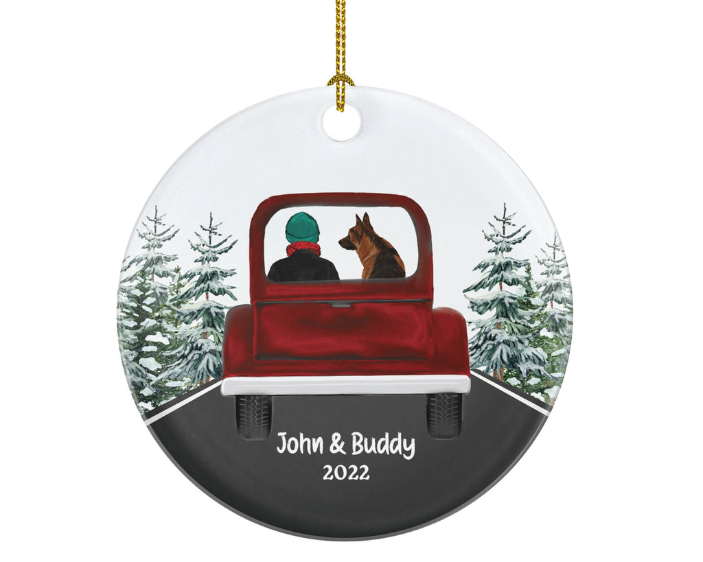 Driver Male and Dog in a Truck Personalized Christmas Ornament New Fur Dad Driver Red Car Custom Pet Lover Owner Gift Holiday Rescue