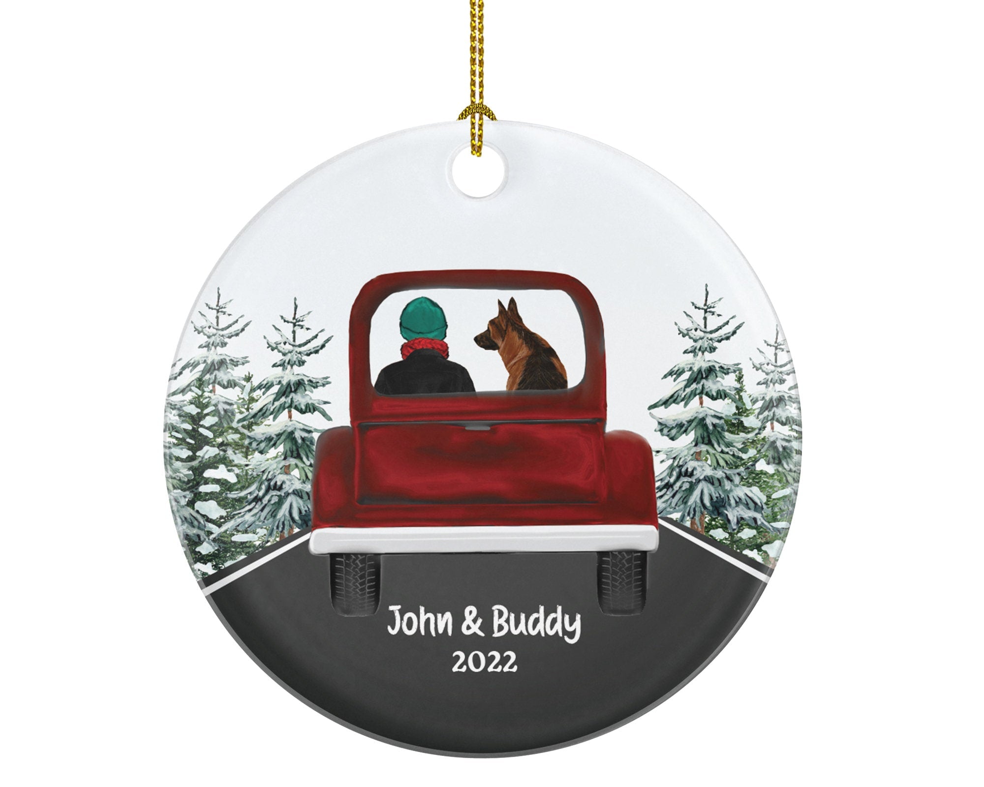 Driver Male and Dog in a Truck Personalized Christmas Ornament New Fur Dad Driver Red Car Custom Pet Lover Owner Gift Holiday Rescue