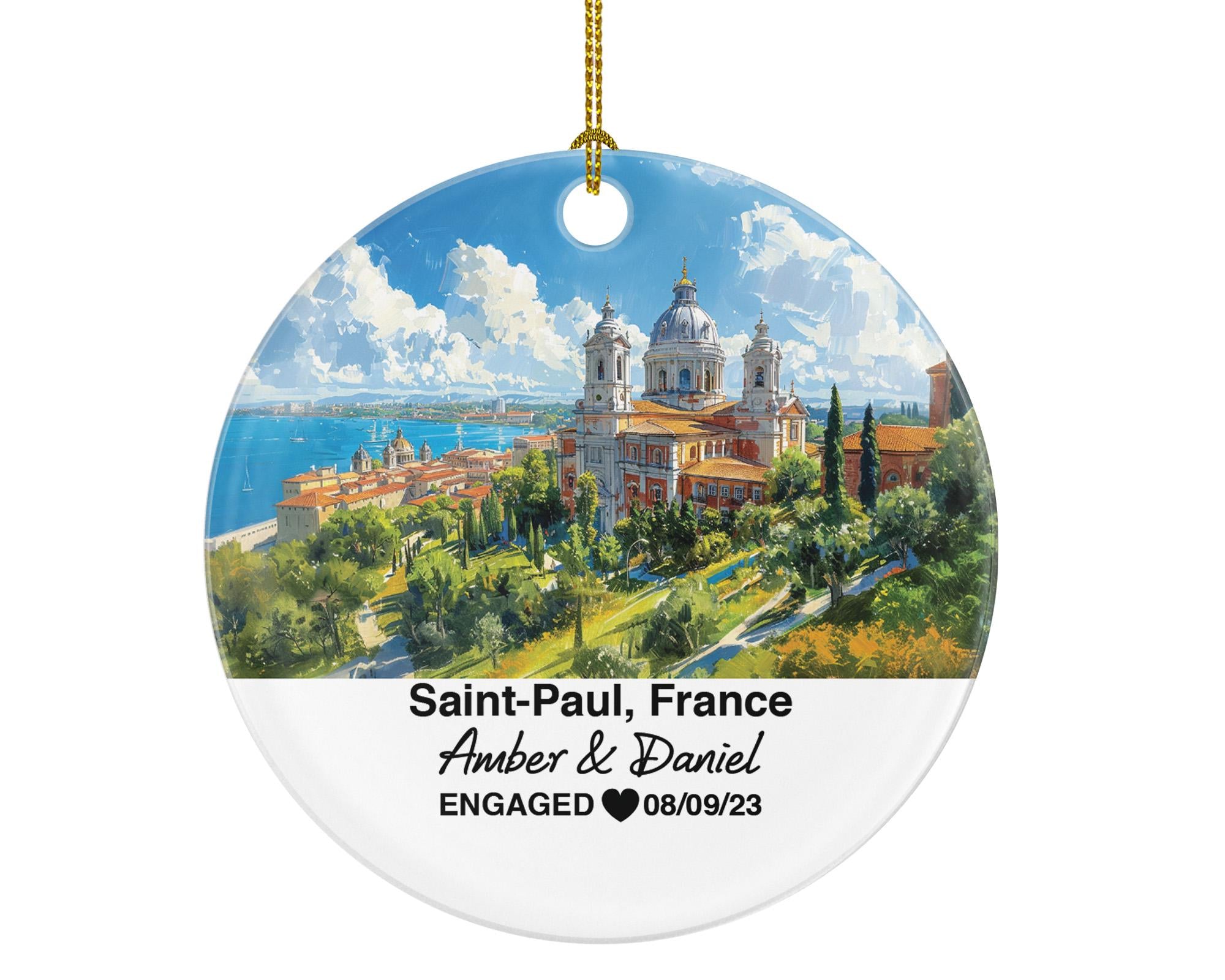 Personalized Saint-Paul France Christmas Ornament, Medieval Walls, Mr & Mrs Wedding, Engagement, or Honeymoon Keepsake for Couples