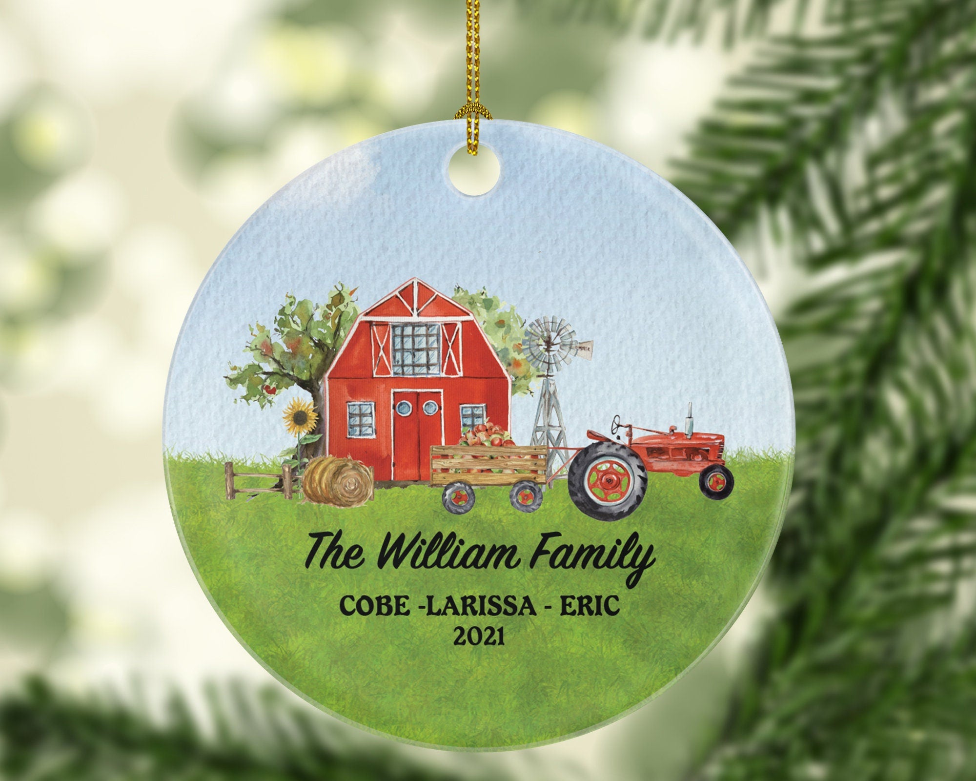 Christmas Red Tractor Barn Farmer Family Ornament Farmhouse Decor Personalized Gift Farmer Home Kids Custom Names Watercolor Ornament Farm