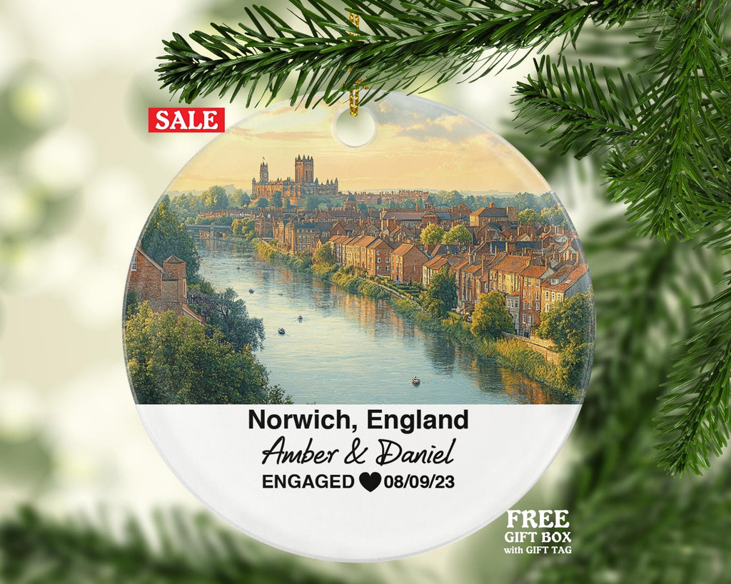 Norwich England Round Ceramic Christmas Ornament – Personalized United Kingdom Keepsake, Custom Couple Gift for Wedding or Honeymoon