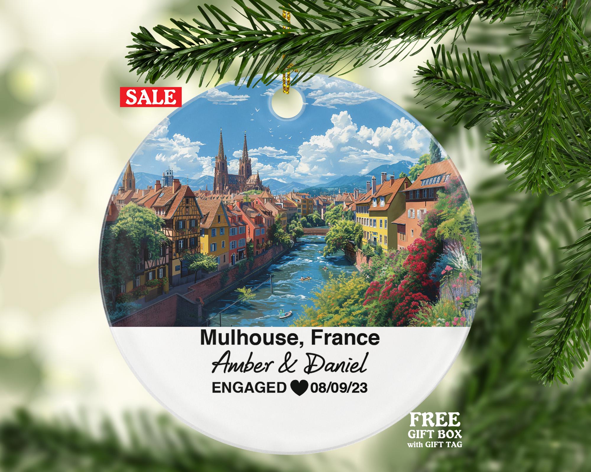 Personalized Mulhouse France Christmas Ornament, Historic Tramway, Cité de l’Automobile, Mr & Mrs Wedding, Engagement, or Honeymoon Keepsake for Couples
