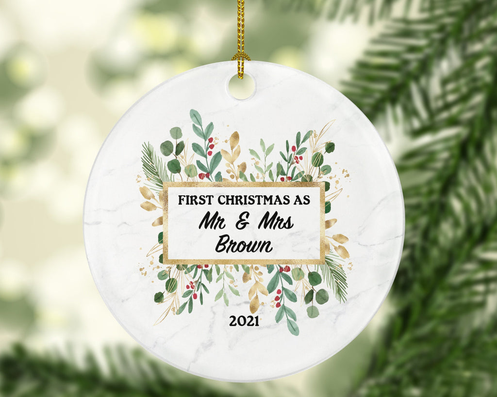 First Christmas as Mr & Mrs Married Couple Christmas Ornament Personalized - Newlywed Christmas First Custom Gift - Greenery