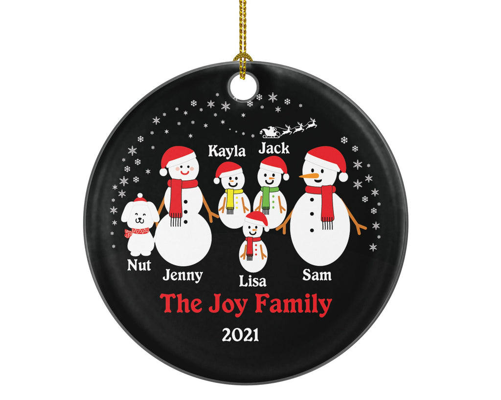 Family of 5 Personalized Christmas Tree Ornament with Dog Pet Fur Family Owner Lover, Family of 5 Five Snowmen Snowman Big Name Year Present