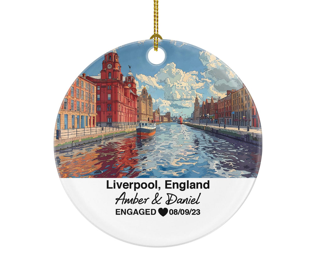 Liverpool England Round Ceramic Christmas Ornament – Personalized United Kingdom Keepsake, Custom Couple Gift for Wedding or Honeymoon