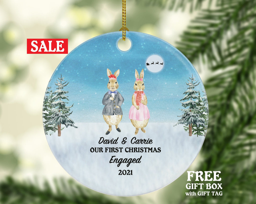First Christmas Engaged Custom Ornament - Personalized Engagement Announcement Rabbit Couple Gift - Custom Date Name - Future Husband Wife