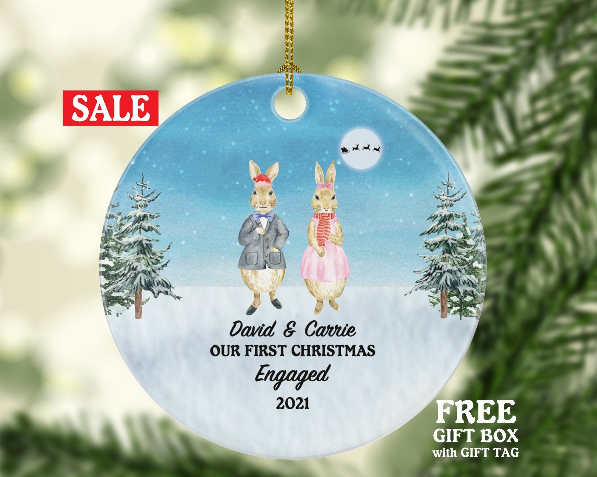 First Christmas Engaged Custom Ornament - Personalized Engagement Announcement Rabbit Couple Gift - Custom Date Name - Future Husband Wife