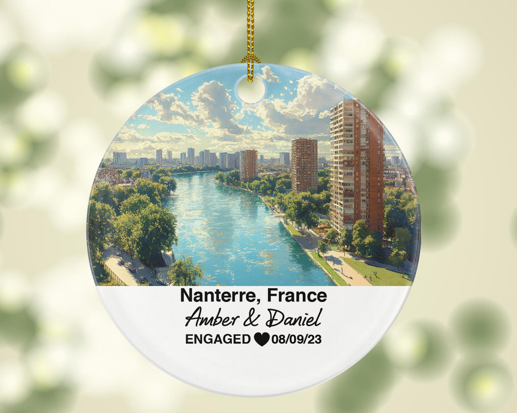 Personalized Nanterre France Christmas Ornament, La Défense Skyline, Seine, Mr & Mrs Wedding, Engagement, or Honeymoon Keepsake for Couples