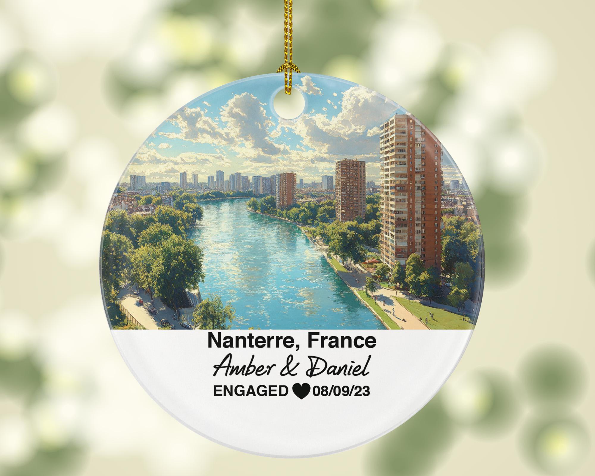 Personalized Nanterre France Christmas Ornament, La Défense Skyline, Seine, Mr & Mrs Wedding, Engagement, or Honeymoon Keepsake for Couples
