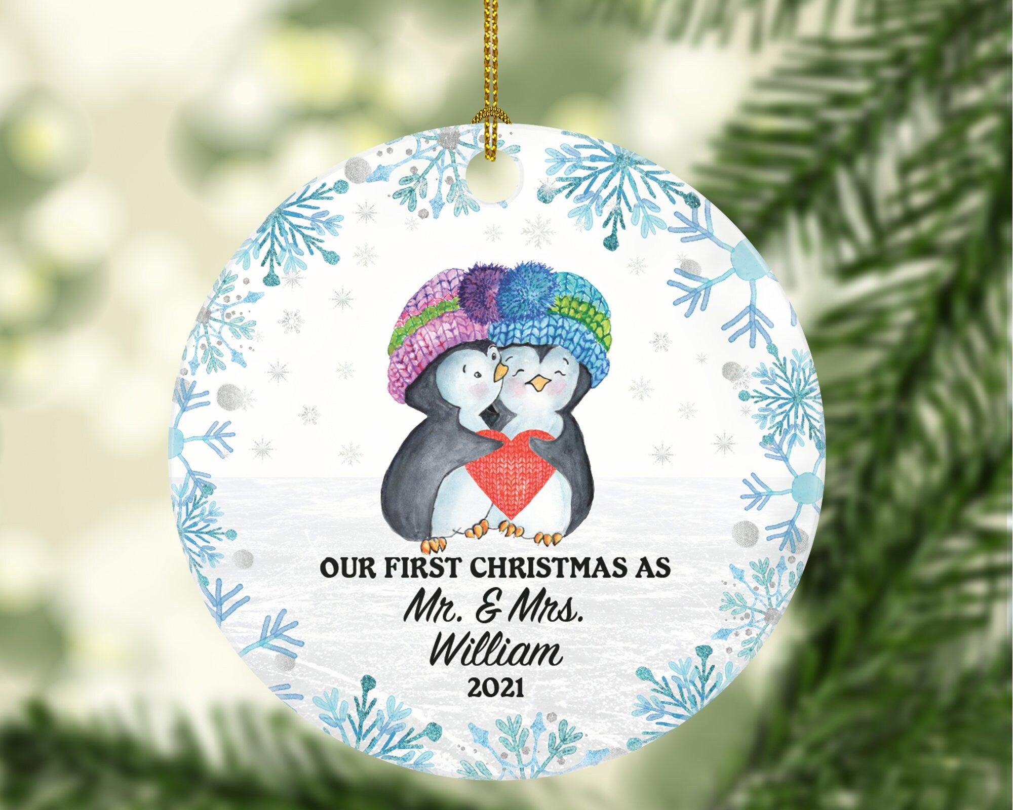 Our First Christmas as Mr & Mrs Couple Personalized Ornament - Newlywed Mr. and Mrs. Wedding Penguin Couple Just Married Marriage Gift