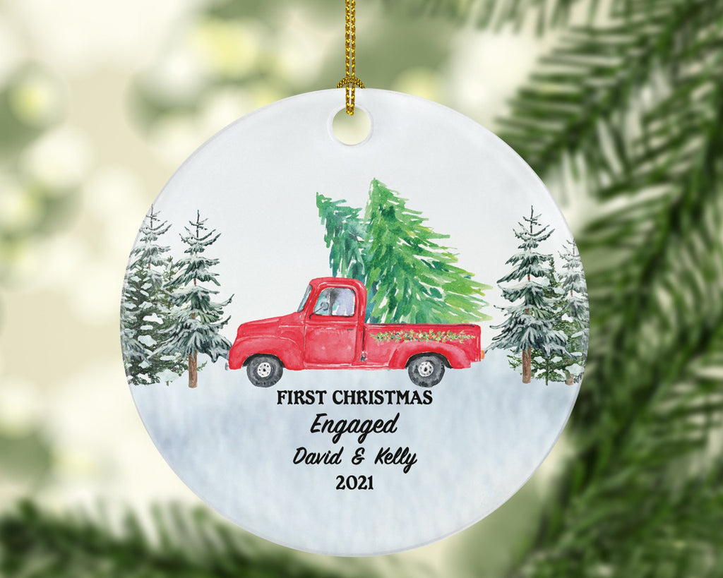 First Christmas Engaged Red Pick up Truck Ornament - Couple Personalized Engagement Gift Vintage Car Farmhouse Custom Names & Year