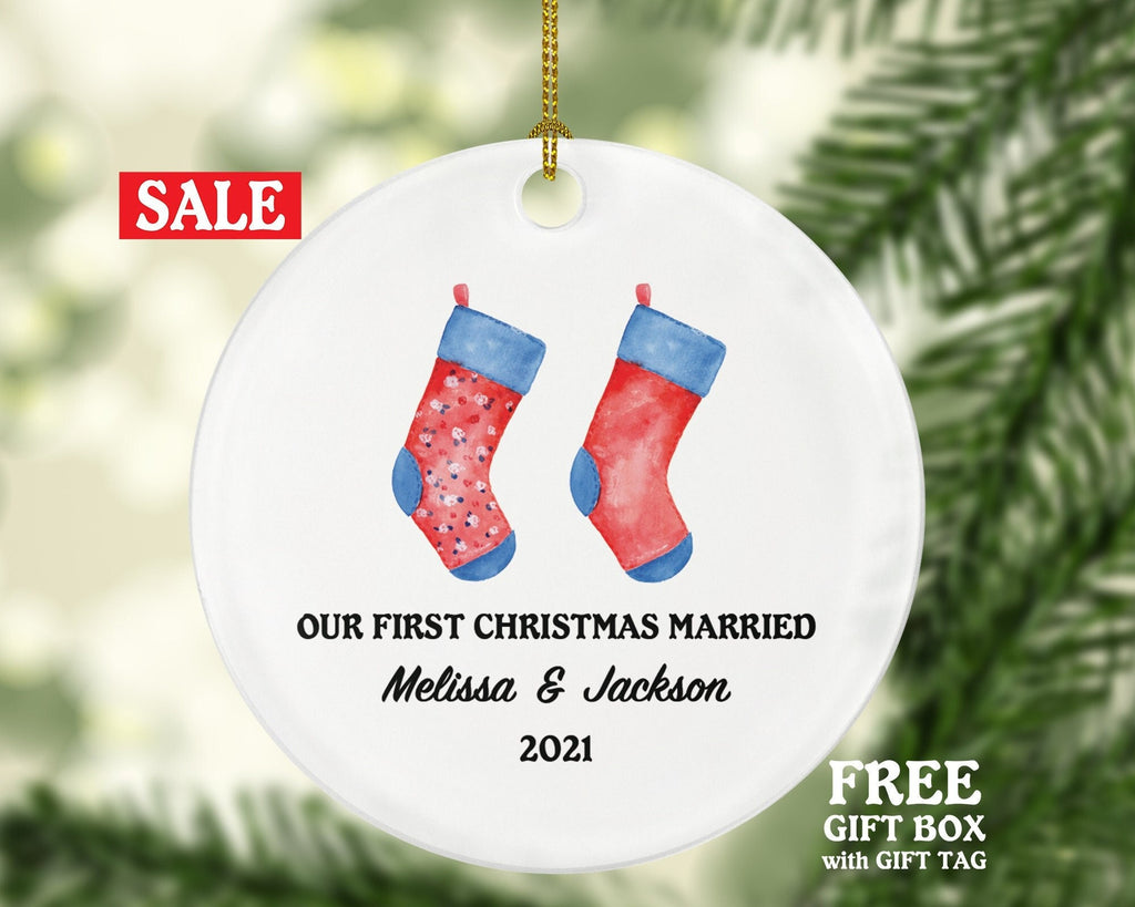 First Christmas Married Socks Ornament - Newlywed Couple Wedding First as Mr & Mrs Wedding Personalized Gift for Bride Groom Mr. Mrs.