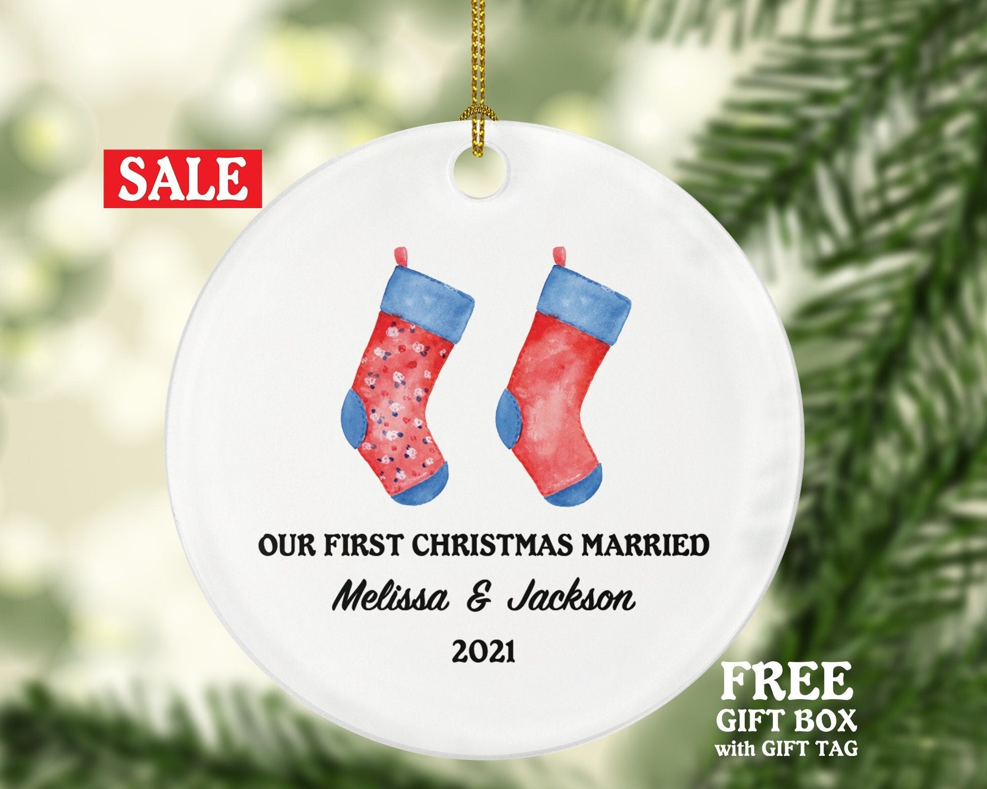 First Christmas Married Socks Ornament - Newlywed Couple Wedding First as Mr & Mrs Wedding Personalized Gift for Bride Groom Mr. Mrs.