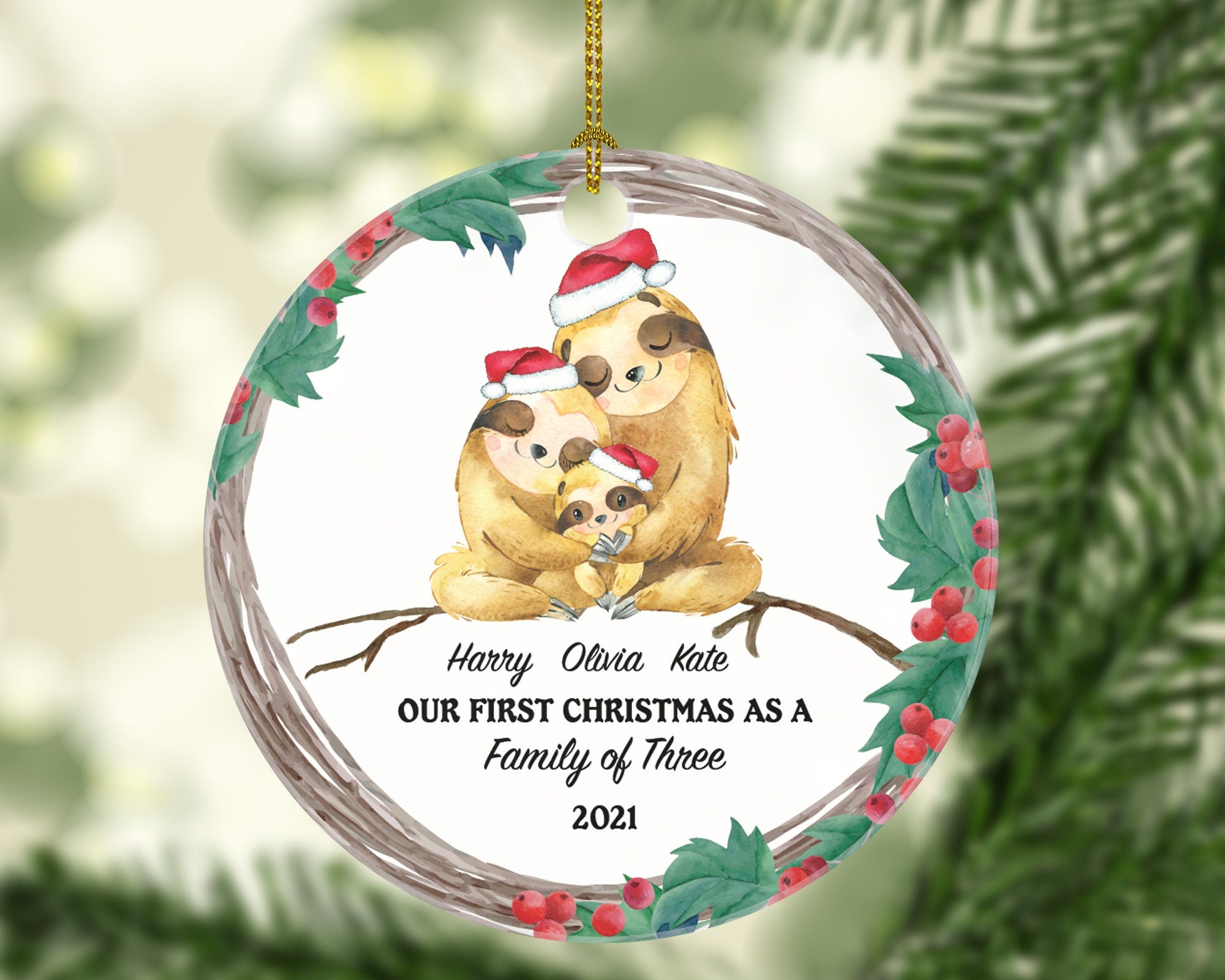 Personalized Family of 3 Christmas Ornament - Our First Ornament Custom Names of Three Gift for Sloth with Kids Xmas
