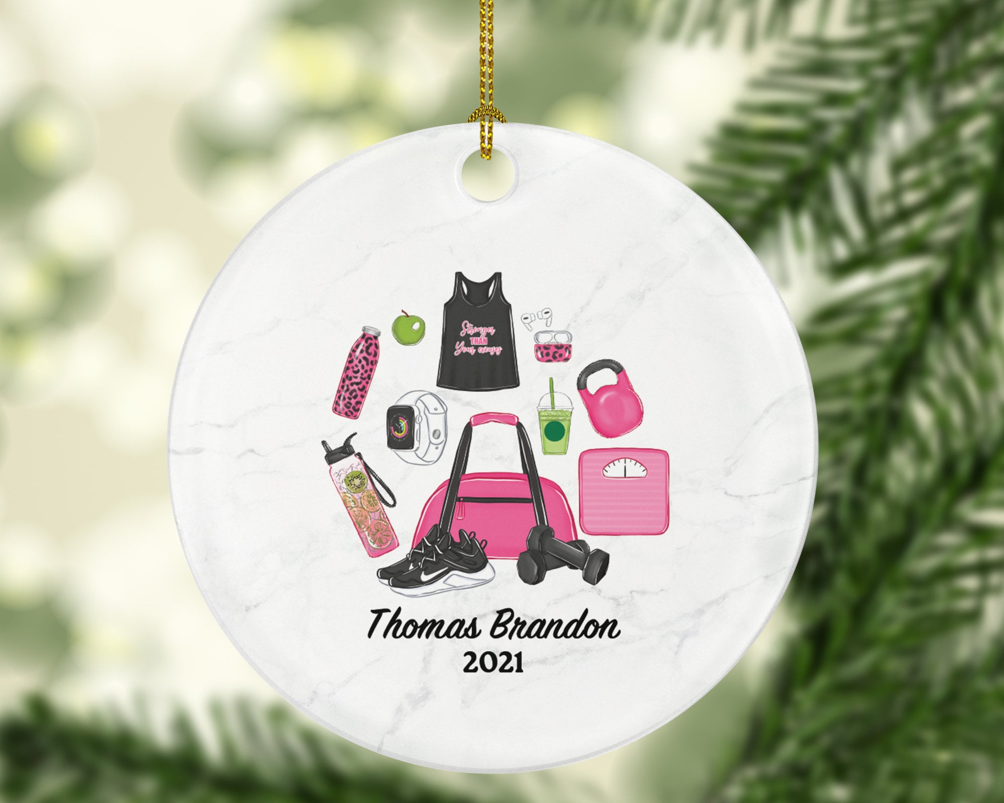 Fitness Pilates Yoga Workout Christmas Ornament Personalized - Personal Trainer Custom Healthy Lifestyle Training Exercise PT Gift