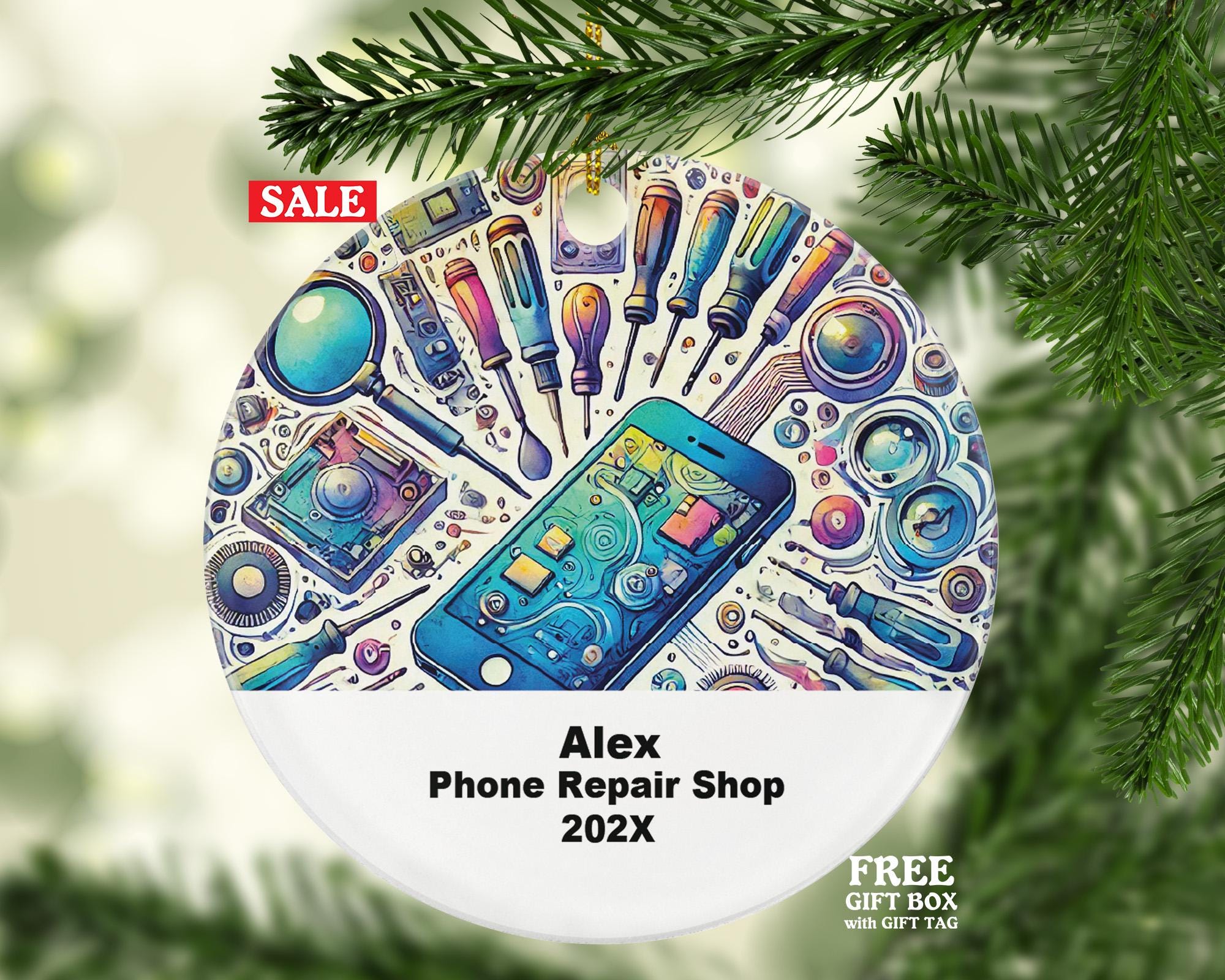 Personalized Phone Repair Ornament – Custom Tech Repair Shop Gift – Cell Phone Technician Ornament with Name and Year