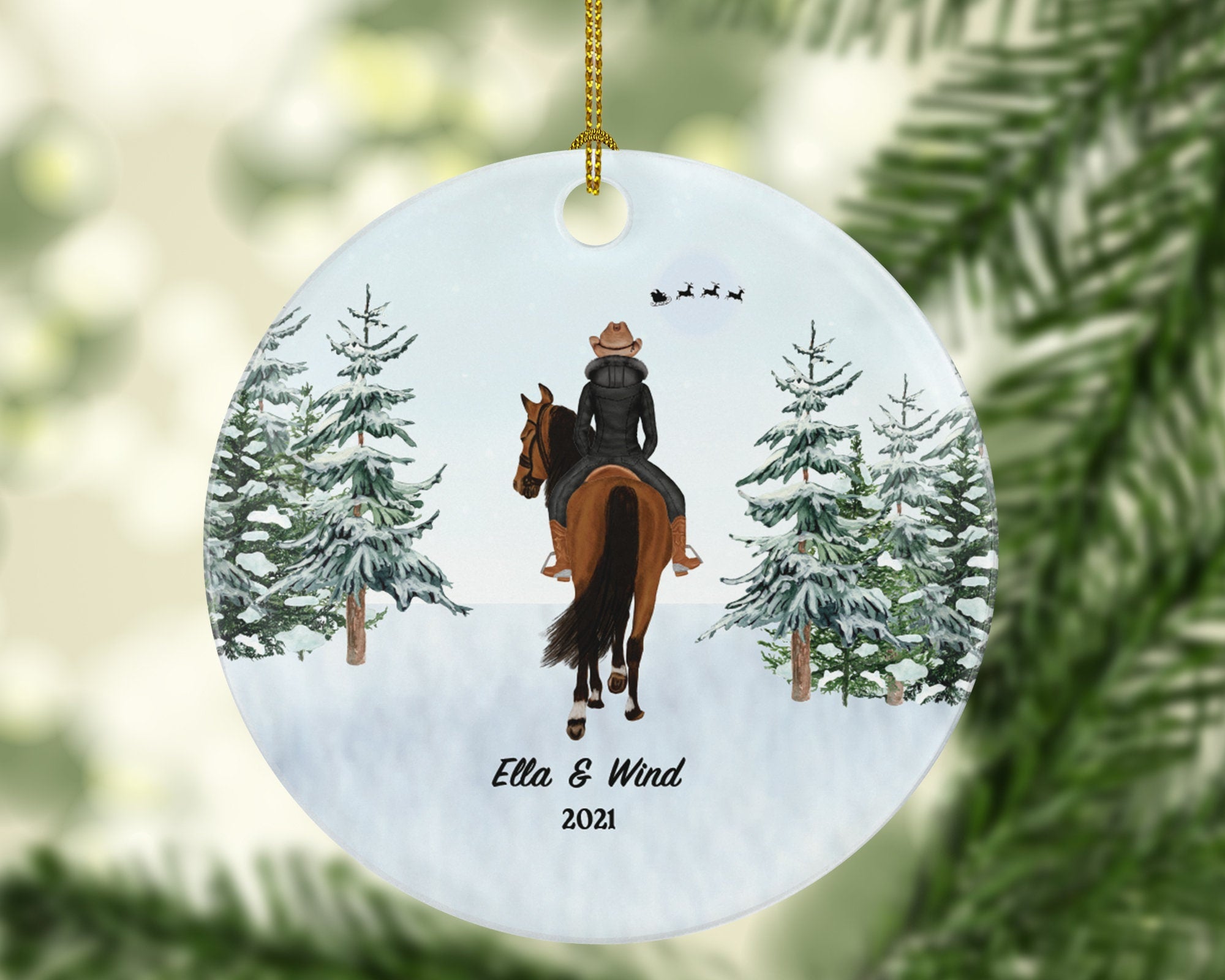 Riding a Horse Rider Christmas Ornament Personalized | Custom Names Horse Lover Gift Girl Female on a Horse