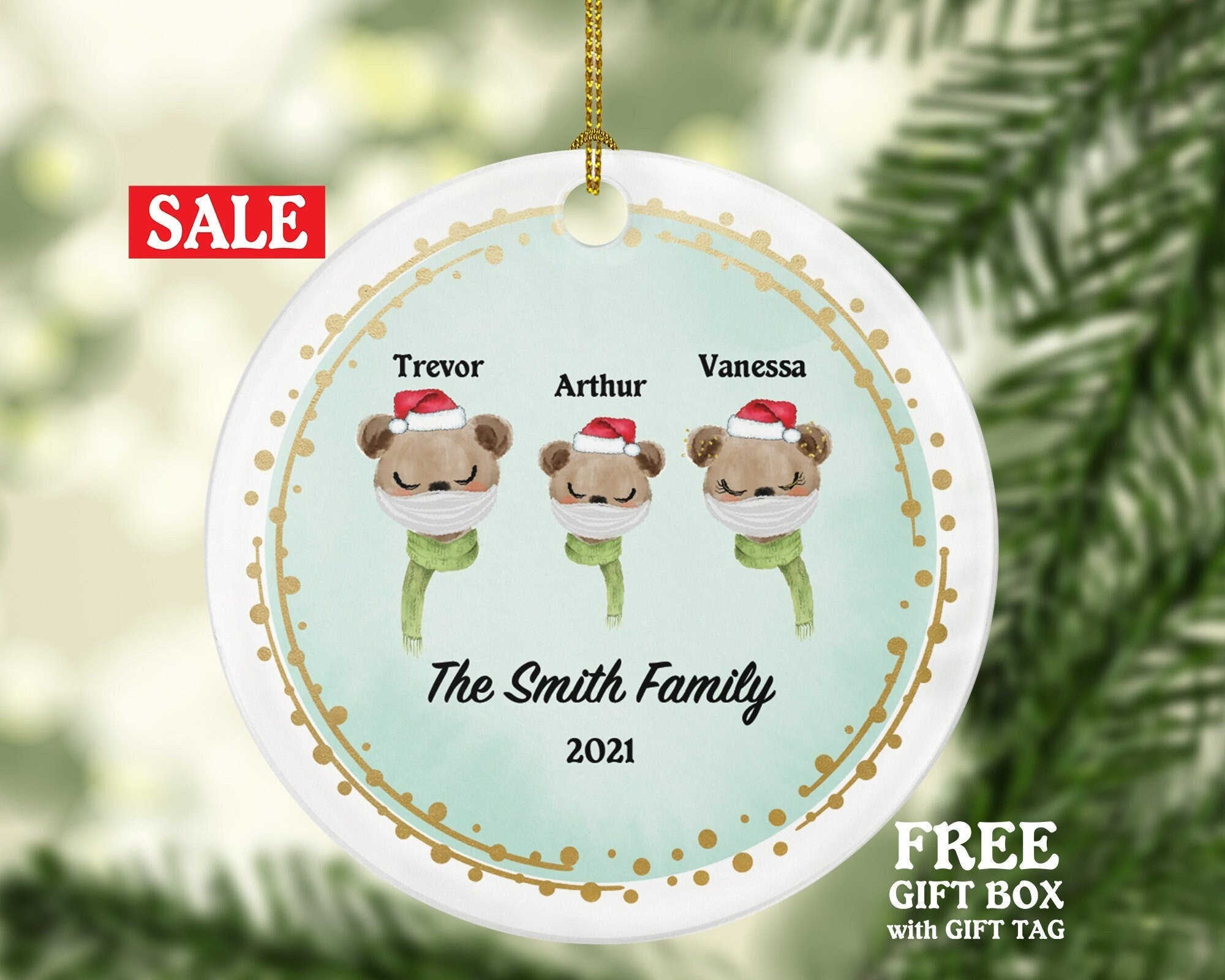Personalized Family With Mask Ornament - Covid Christmas Ornament - 1,  2, 3, 4 Family Ornament