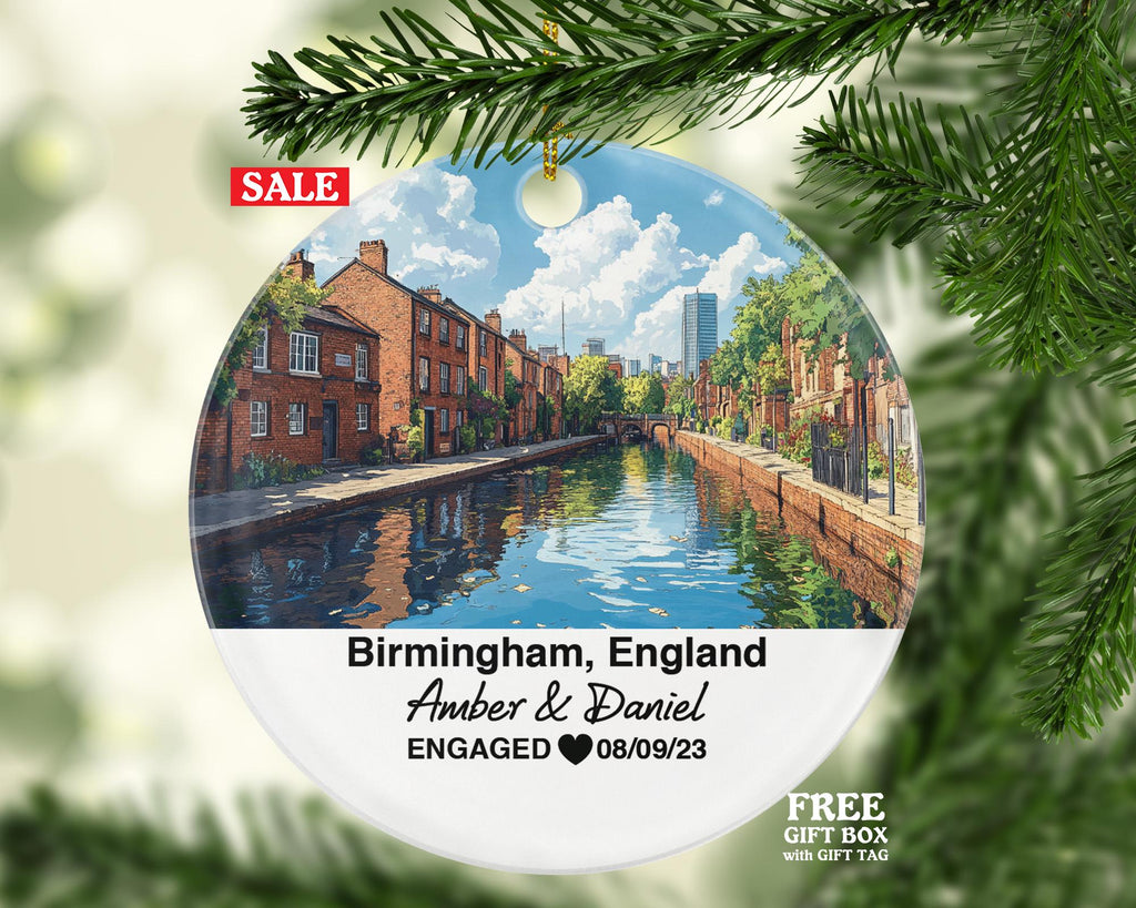 Birmingham England Round Ceramic Christmas Ornament – Personalized Victoria Square Keepsake, Custom Couple Gift for Wedding or Honeymoon