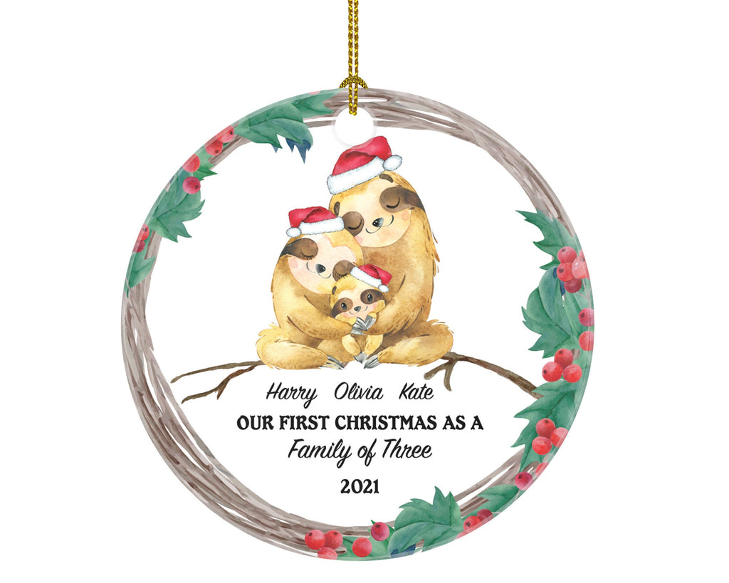Personalized Family of 3 Christmas Ornament - Our First Ornament Custom Names of Three Gift for Sloth with Kids Xmas