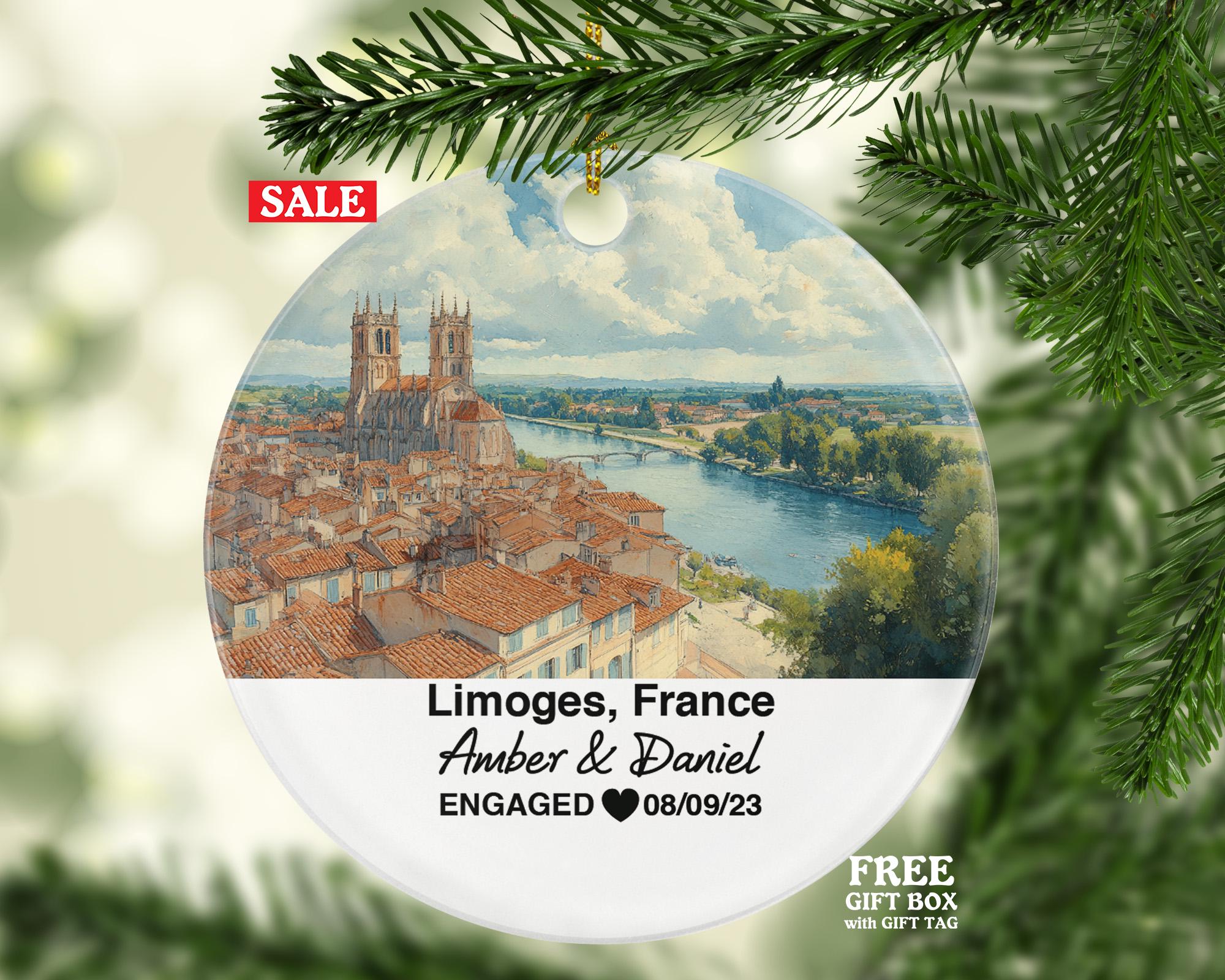 Personalized Limoges France Christmas Ornament, Porcelain Heritage, Medieval Architecture, Mr & Mrs Wedding, Engagement, or Honeymoon Keepsake for Couples