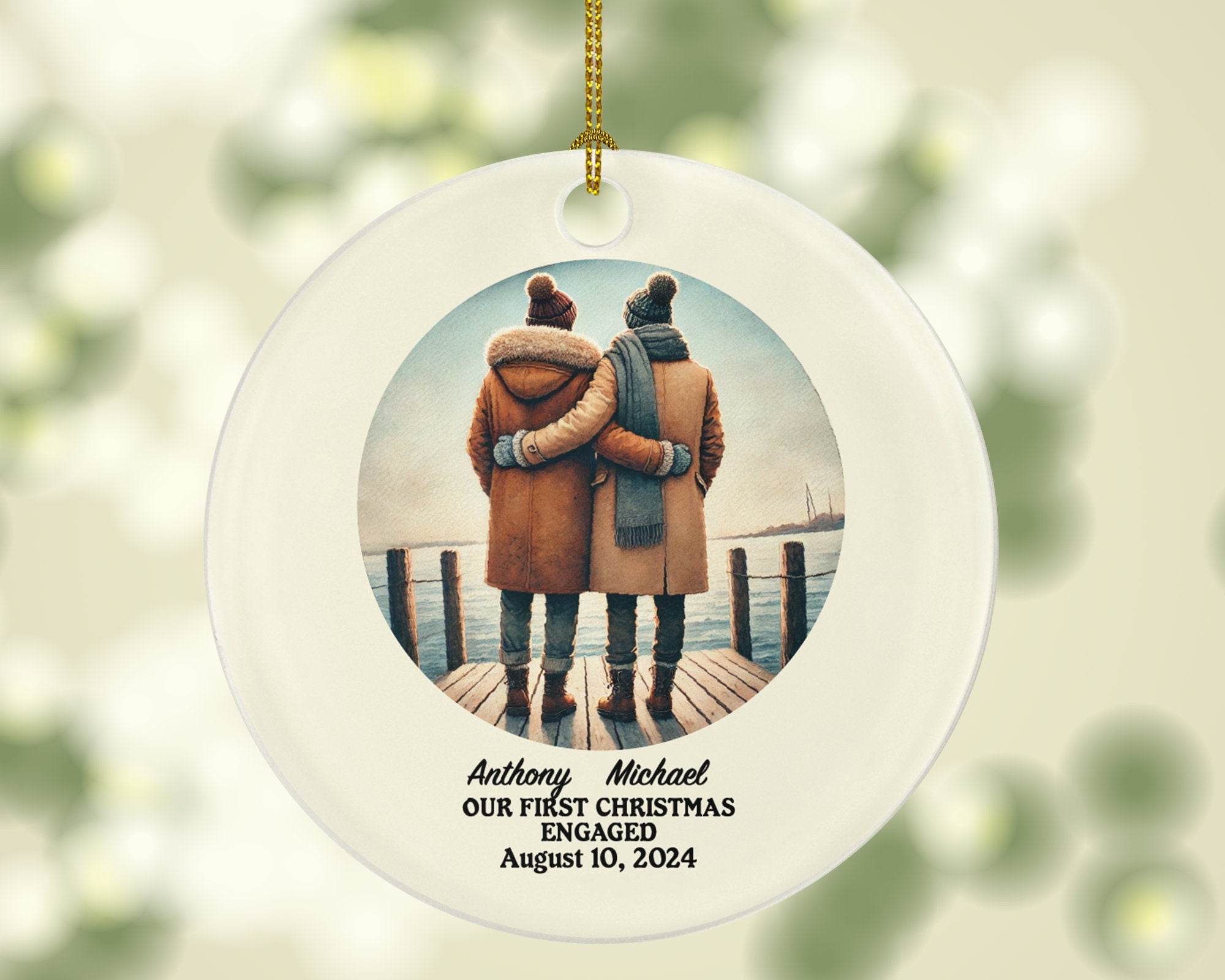 Gay Couple Christmas Ornament, Personalized Portrait Love is Love Same Sex Pride, First Christmas Engaged Custom Engagement Announcement
