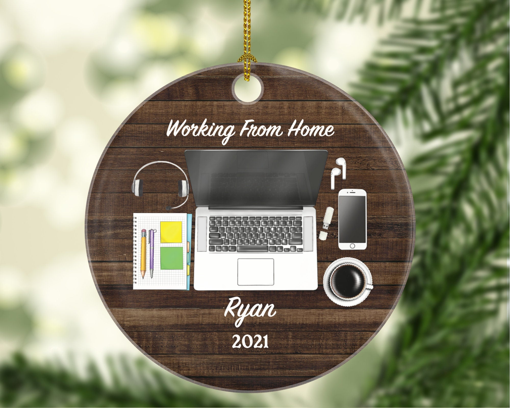 Working From Home Christmas Ornament - Personalized Laptop Computer Work Distance Studying Custom Name