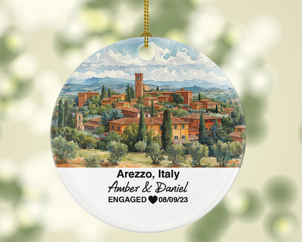 Personalized Arezzo Italy Christmas Ornament Medieval Towers, Piazza Grande, Mr & Mrs Wedding, Engagement, or Honeymoon Keepsake to Couples