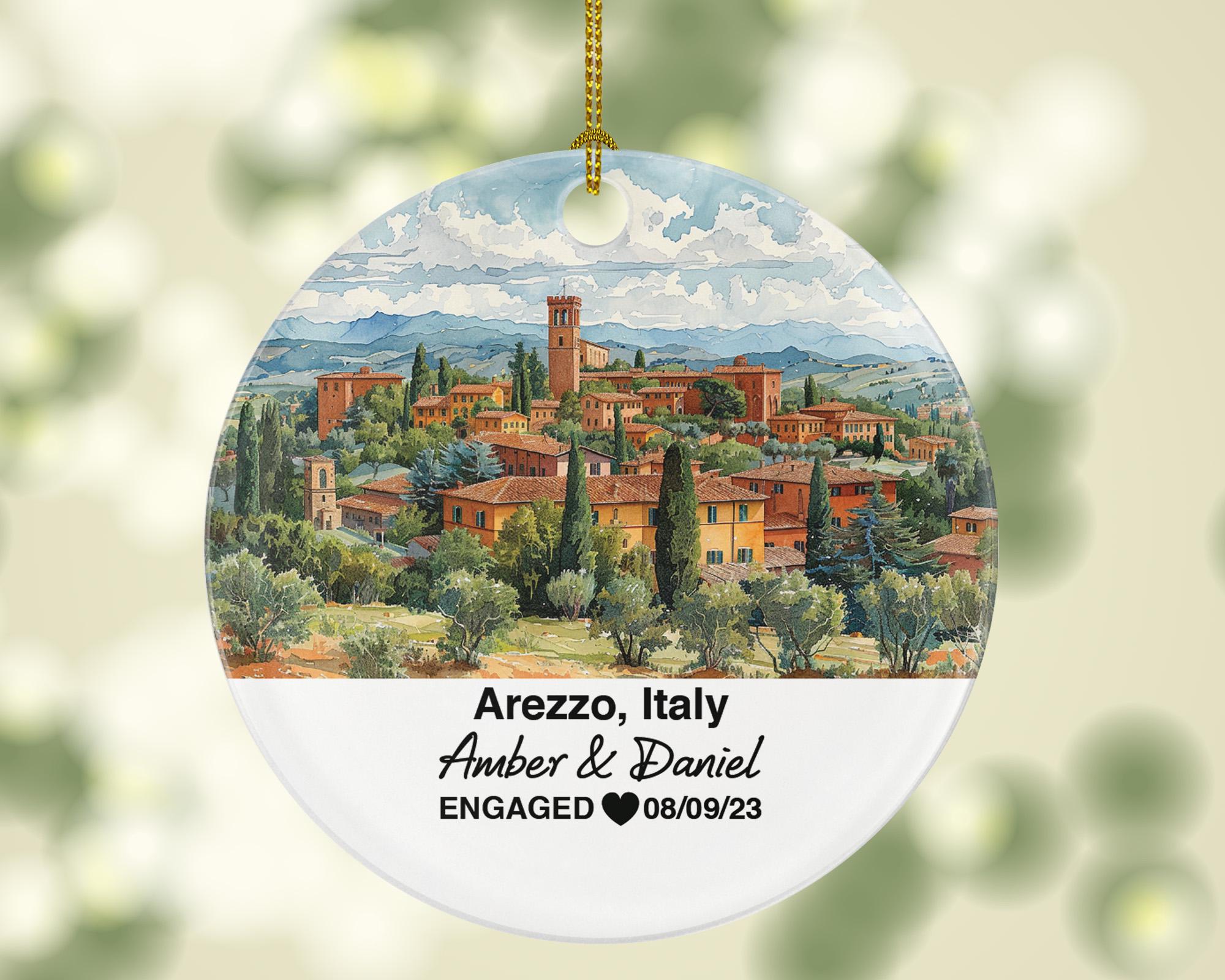 Personalized Arezzo Italy Christmas Ornament Medieval Towers, Piazza Grande, Mr & Mrs Wedding, Engagement, or Honeymoon Keepsake to Couples