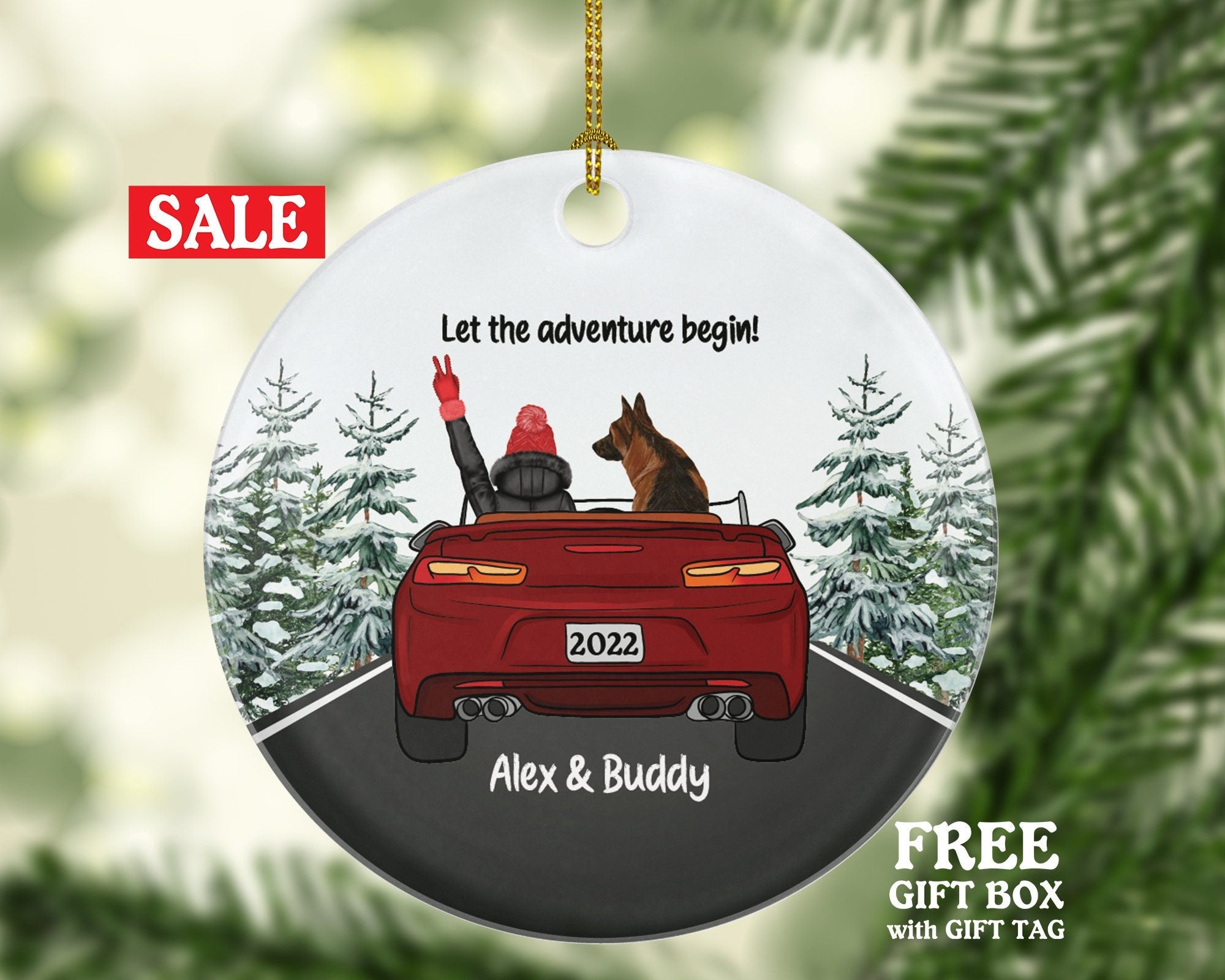 Dog and Female in Convertible Car Personalized Christmas Ornament New Driver Custom Pet Lover Owner Women Gift Fur Holiday Rescue