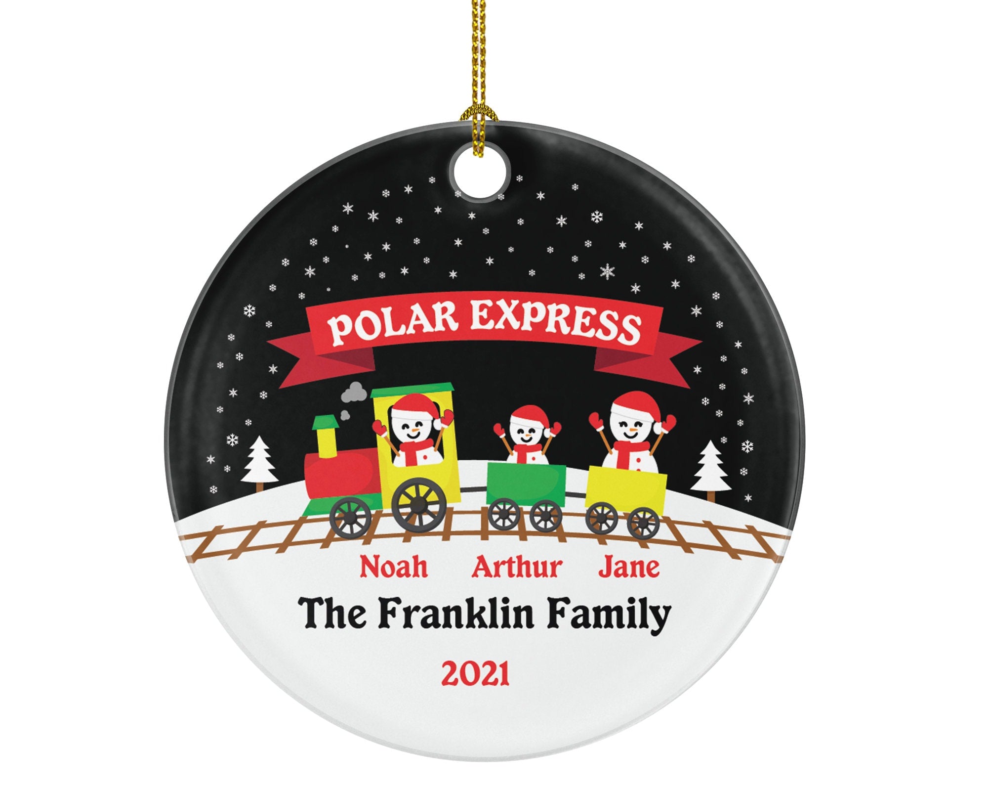Family of 3 Three in Train Christmas Ornament - Personalized Snowmen Family Names - Polar Express