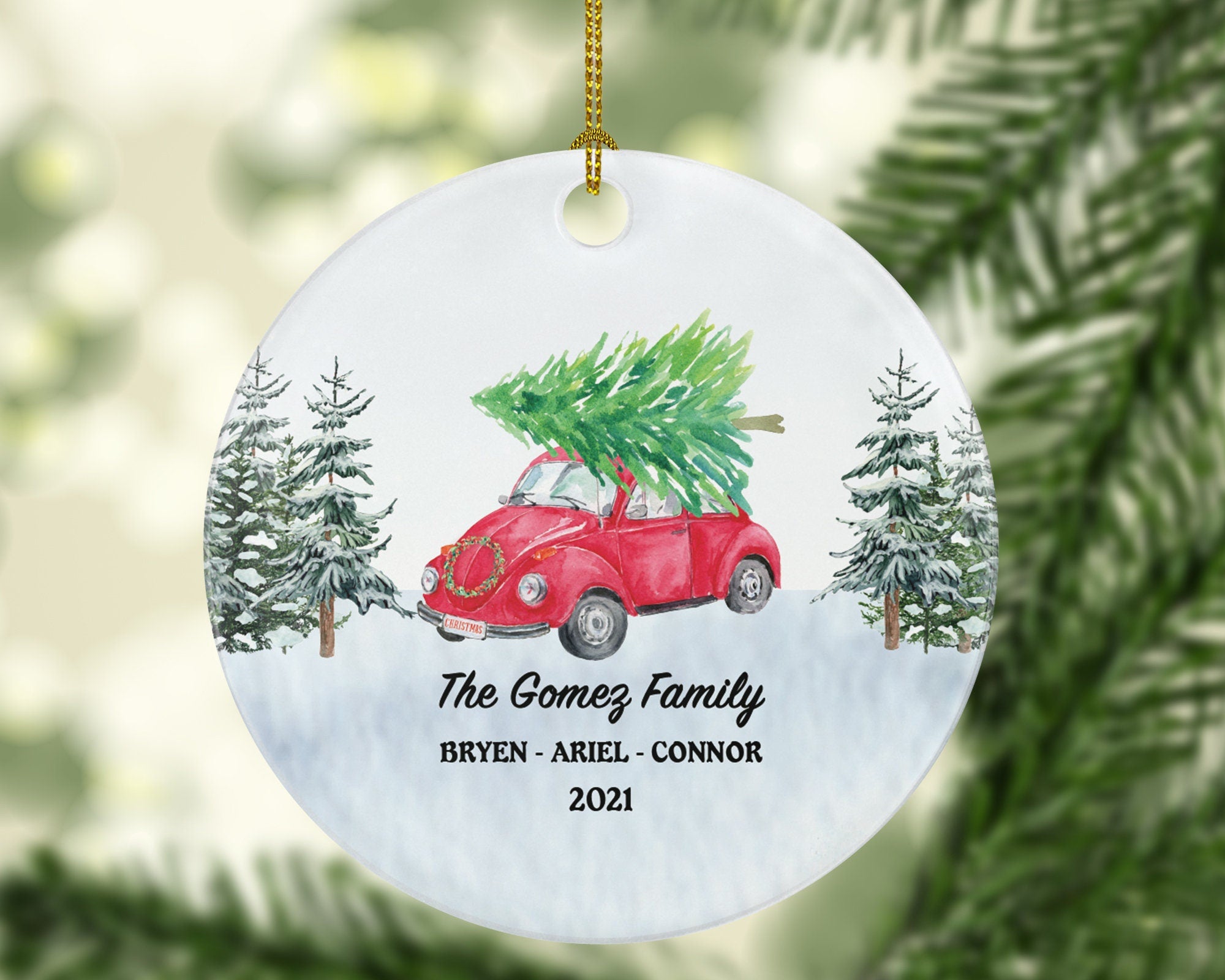 Personalized Car Family Christmas Ornament - Vintage Red Car Gift Custom Ornament With Name Road Trip - Farmhouse Decor