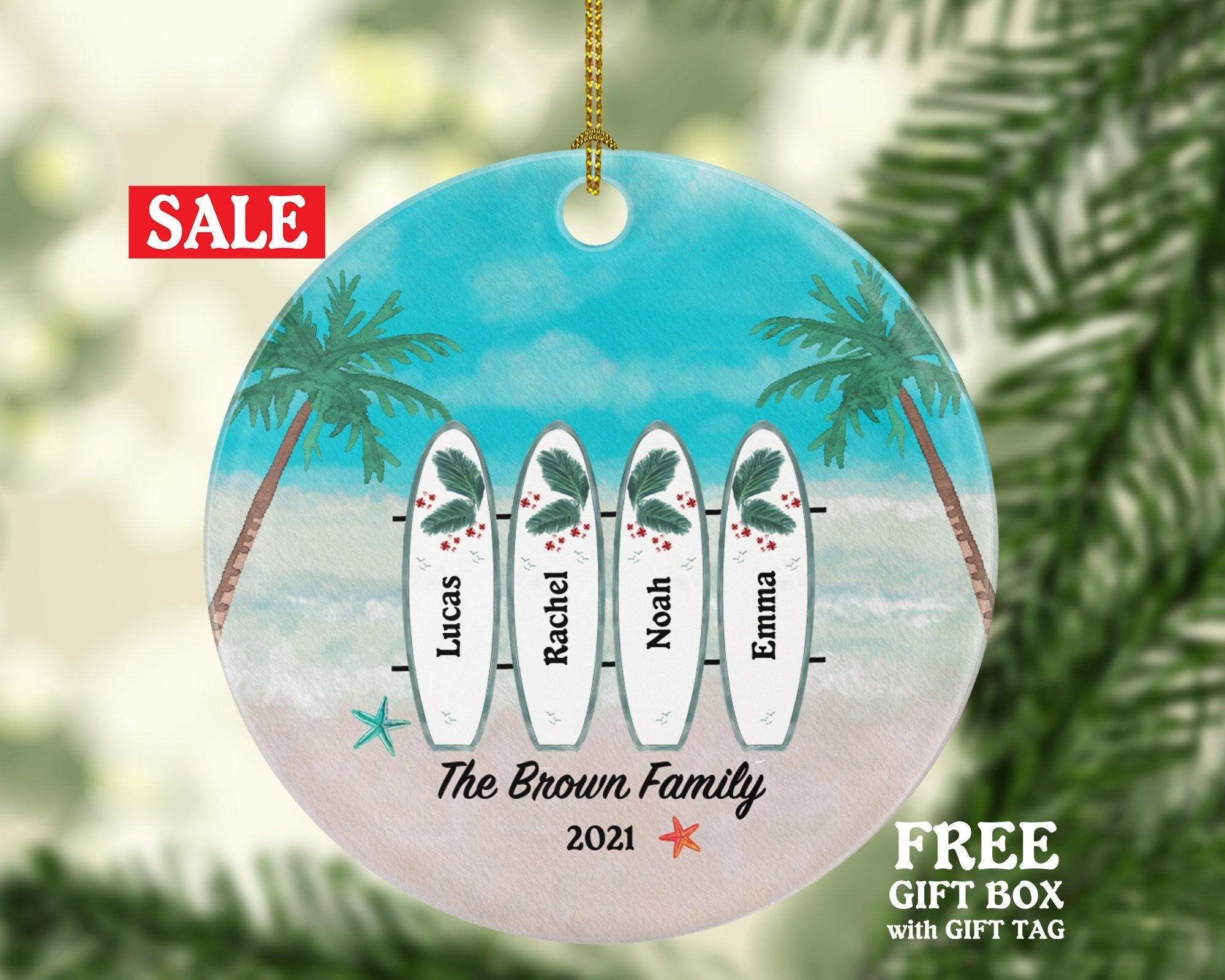 Surfboard Family Personalized Christmas Ornament - Family of 3 4 5 6 Surf board Three Four Five Six Custom Name Palm Tree Beach Sea
