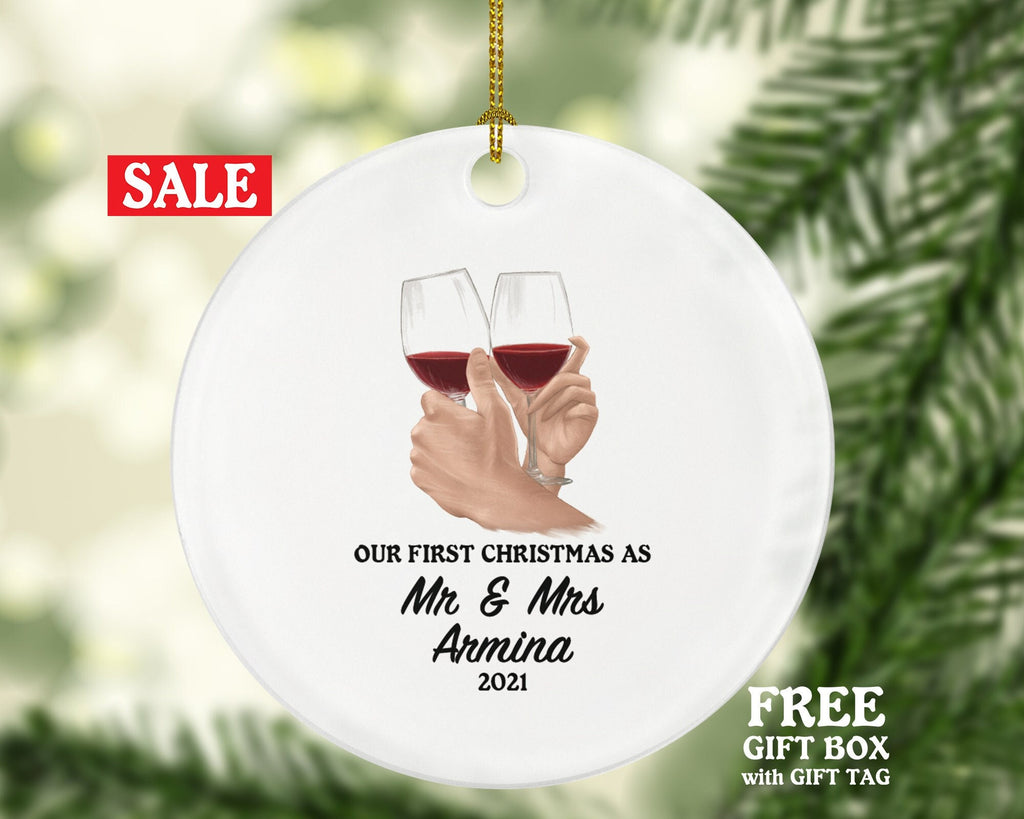 First Christmas as Mr & Mrs Married Couple Christmas Ornament Personalized - Newlywed Mr. and Mrs. Gift - Wine Lover - Custom Family Name