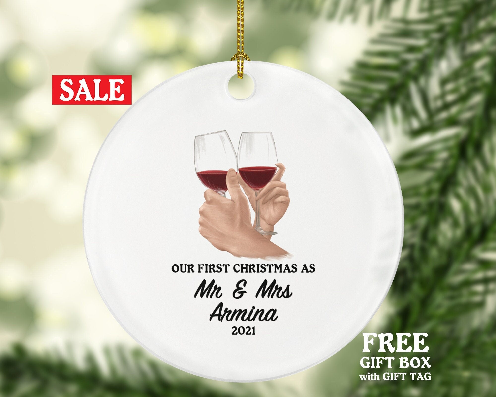 First Christmas as Mr & Mrs Married Couple Christmas Ornament Personalized - Newlywed Mr. and Mrs. Gift - Wine Lover - Custom Family Name