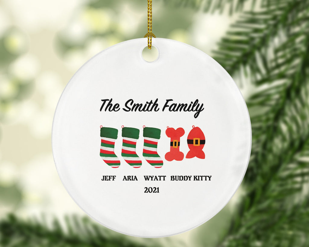 Family Personalized Christmas Ornament - Stockings Christmas Socks Holiday Gift Custom Names Family of 2 3 4 5 - Pet Cat Dog Family