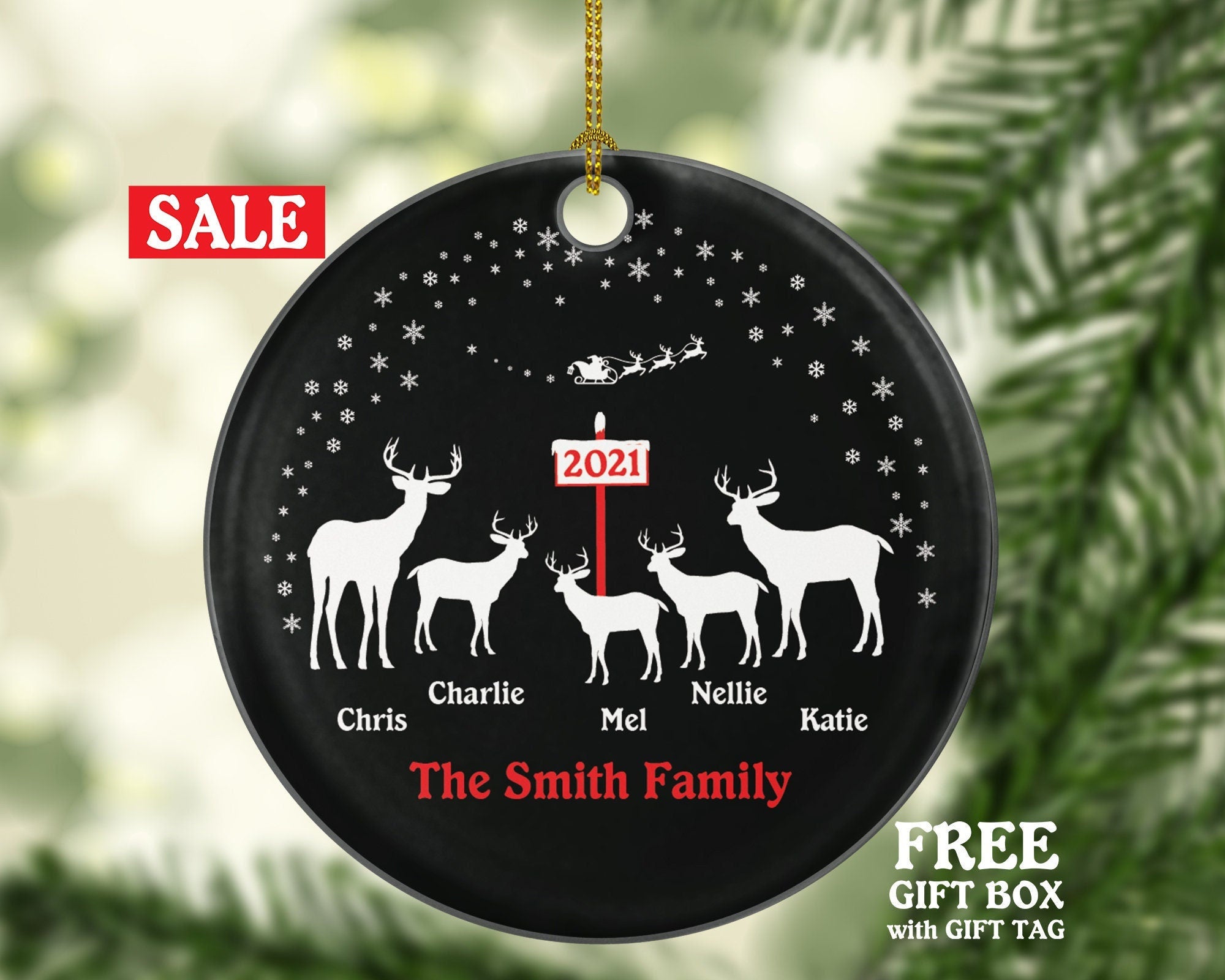 Family of 5 Personalized Christmas Ornament Five Xmas Reindeer Deer Mother Father New Baby Girl Boy Children Kids Wife Husband Name Gift