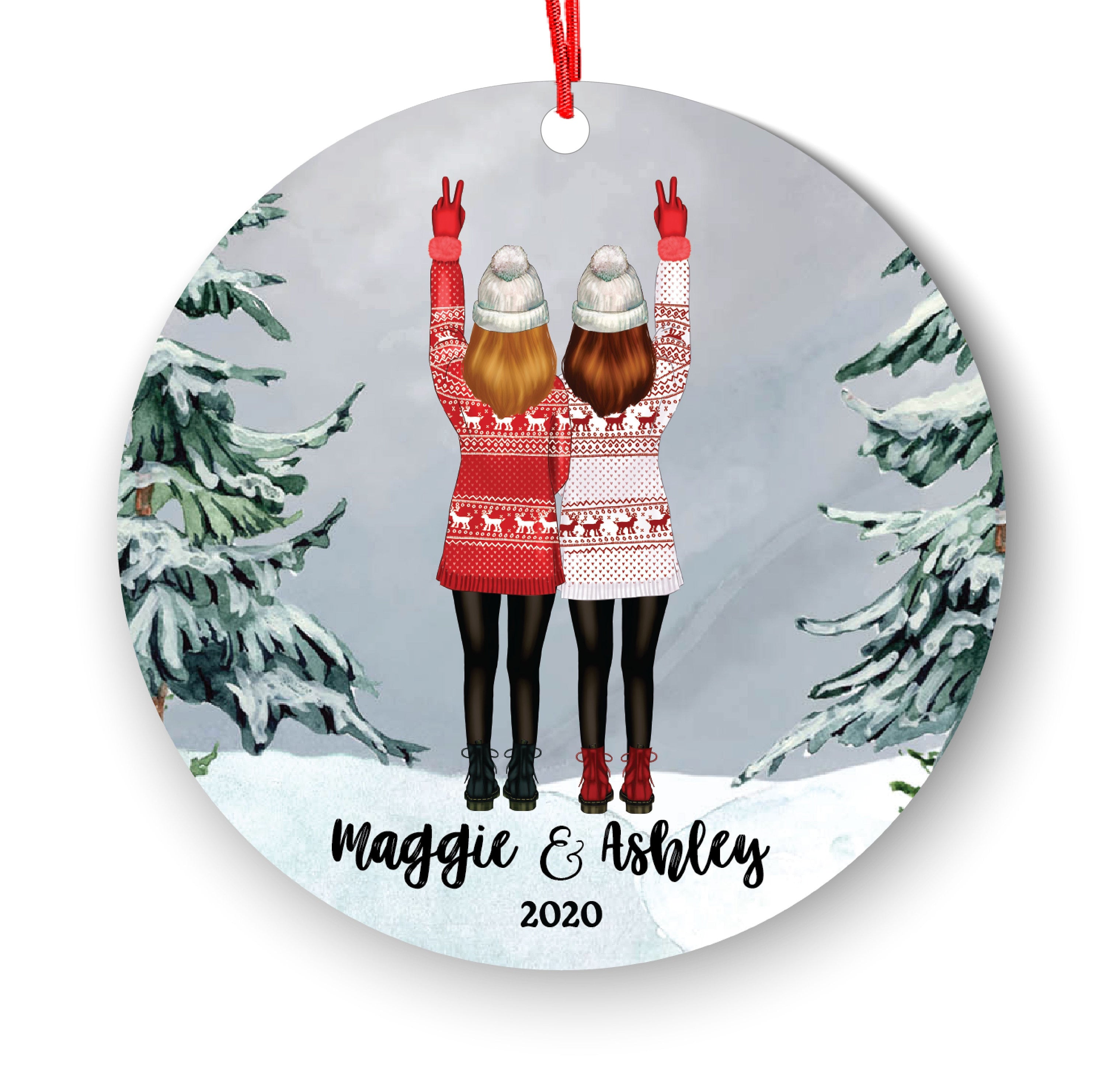 Soul Sisters for 2 Best Friends Christmas Ornament Personalized BFF Gift Custom Female Friends Besties Portrait Snow Forest Girl My Person